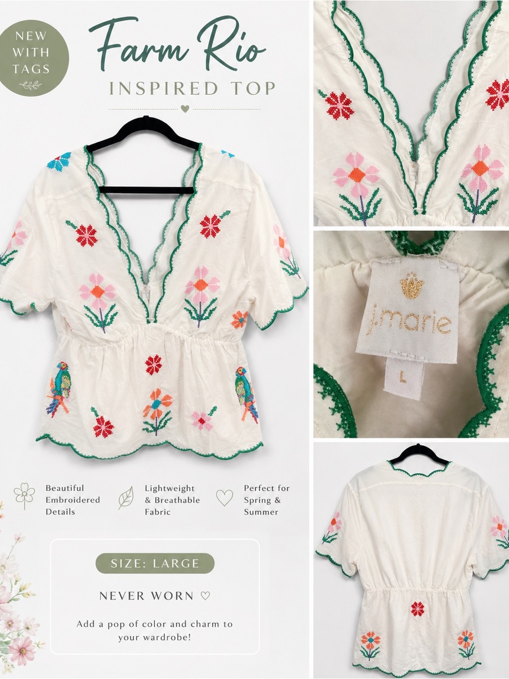 FARM Rio Cream Embroidered V-Neck Top with Green Trim